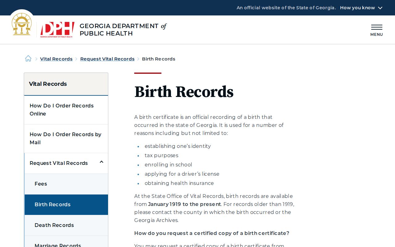 Canton public records Georgia birth certificate request page